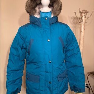 Lands' End Blue Ski & Snow Jacket with Fur Hood